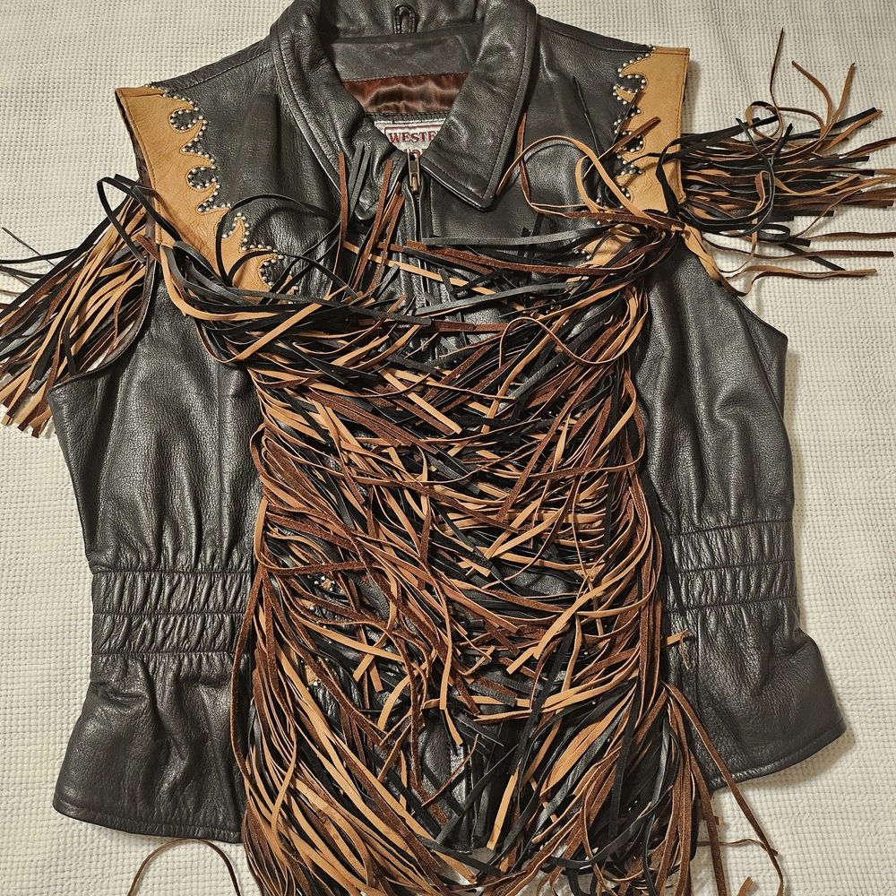 Western World by Shaf Leather Vest Black with Black And Brown Fringe Women’s 3XL - Picture 12 of 16